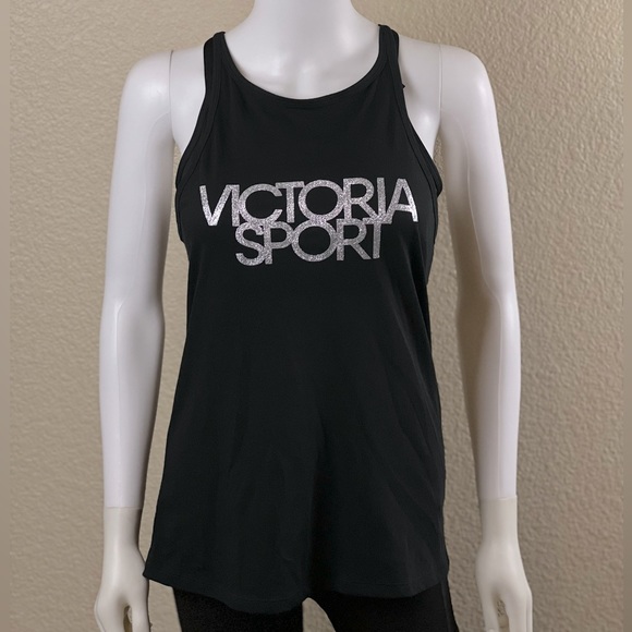 Victoria's Secret Tops - NWT Victoria’s Secret Sport Silver Shimmer Black Strappy Tank Top $25